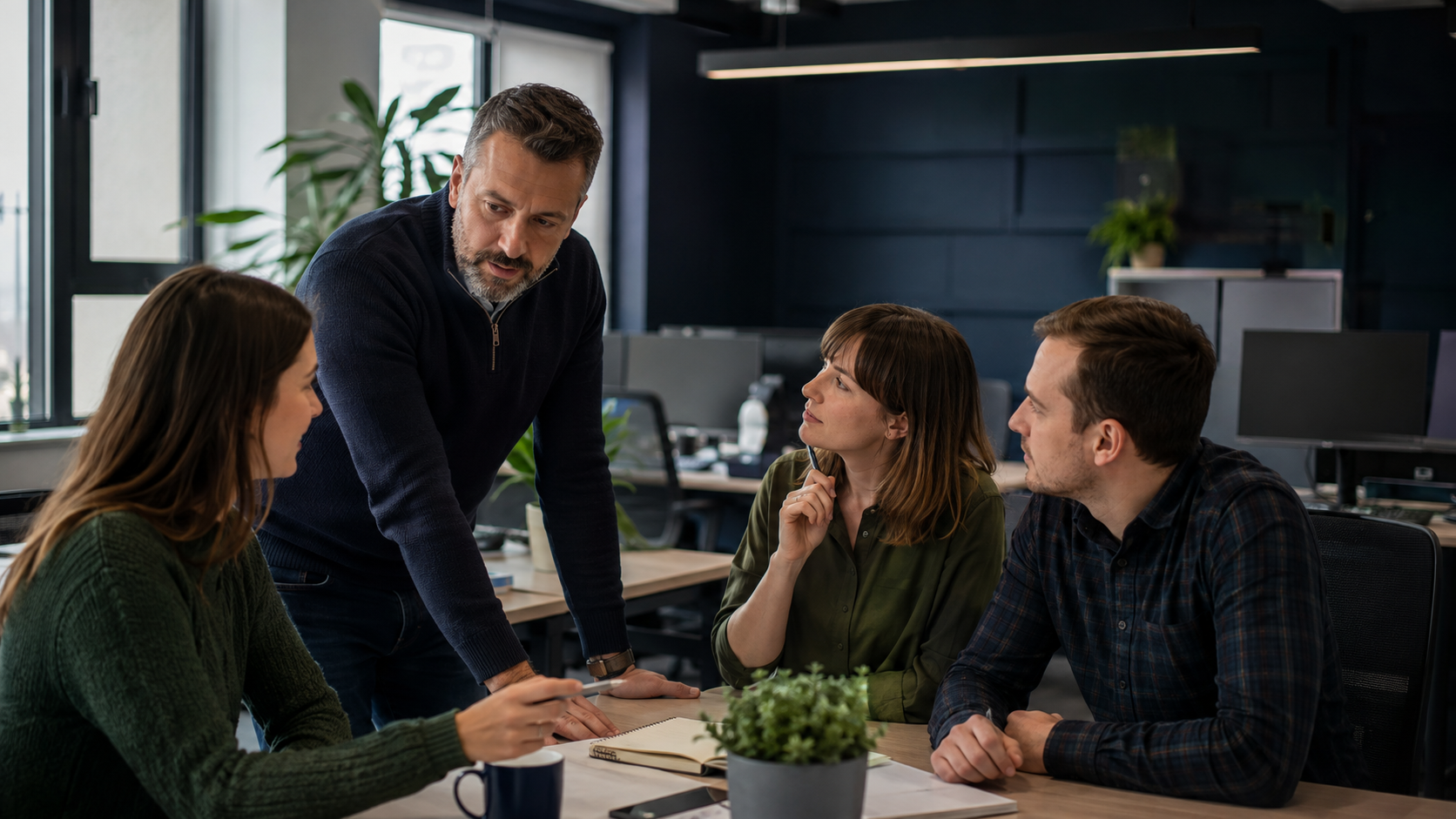 Owner and team at a small managed IT services company discussing client growth